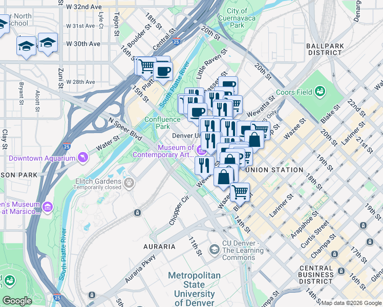 map of restaurants, bars, coffee shops, grocery stores, and more near 2000 16th Street Mall in Denver