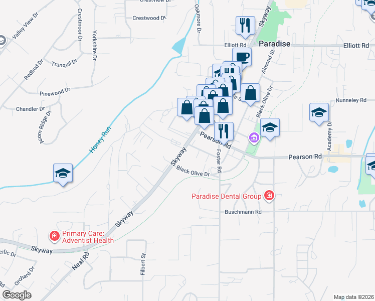 map of restaurants, bars, coffee shops, grocery stores, and more near in Paradise