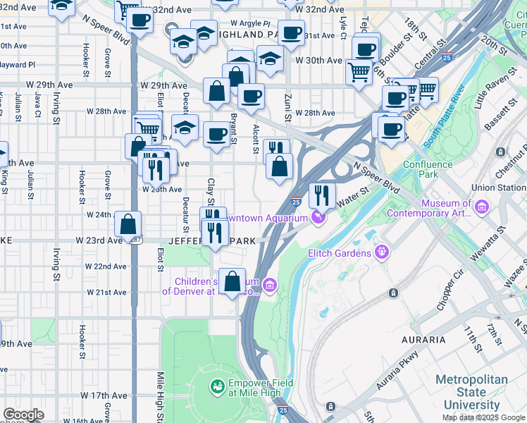 map of restaurants, bars, coffee shops, grocery stores, and more near 2430 Alcott Street in Denver