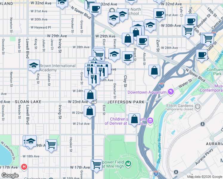 map of restaurants, bars, coffee shops, grocery stores, and more near 2810 West 25th Avenue in Denver