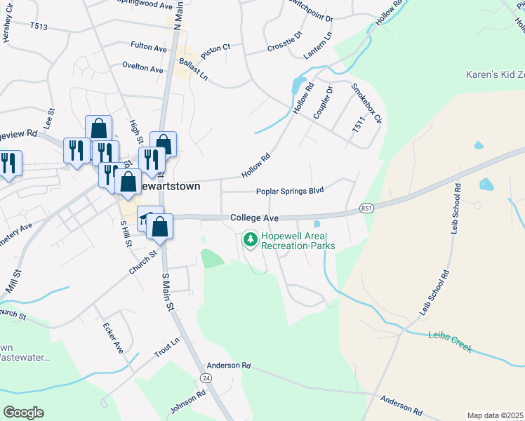 map of restaurants, bars, coffee shops, grocery stores, and more near 41 College Avenue in Stewartstown