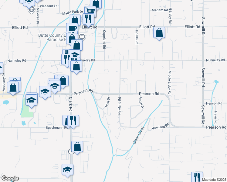 map of restaurants, bars, coffee shops, grocery stores, and more near 5656 Cathy Lane in Paradise