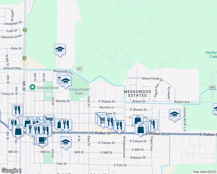map of restaurants, bars, coffee shops, grocery stores, and more near 223 Modoc Street in Orland
