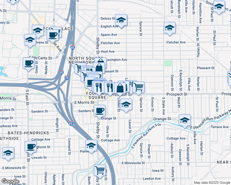 map of restaurants, bars, coffee shops, grocery stores, and more near 1226 Prospect Street in Indianapolis