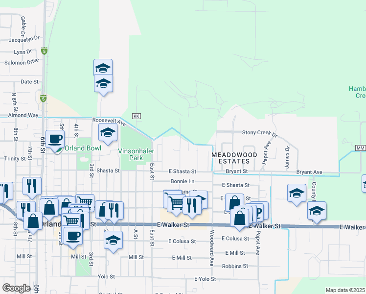map of restaurants, bars, coffee shops, grocery stores, and more near 223 Modoc Street in Orland