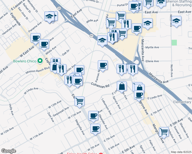 map of restaurants, bars, coffee shops, grocery stores, and more near in Chico