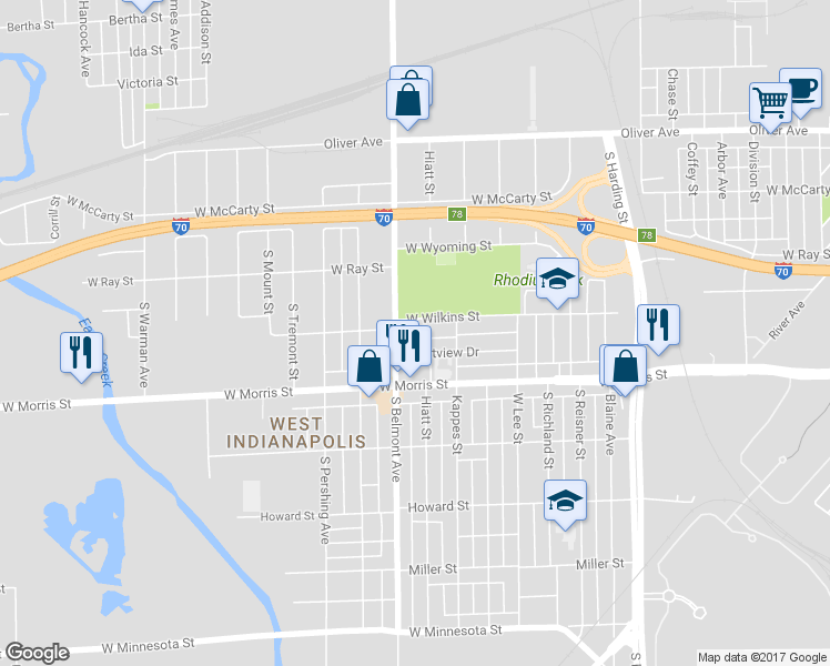 map of restaurants, bars, coffee shops, grocery stores, and more near 2015 West Wilkins Street in Indianapolis