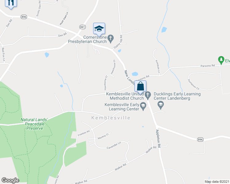 map of restaurants, bars, coffee shops, grocery stores, and more near 99 Kimbelot Lane in Landenberg