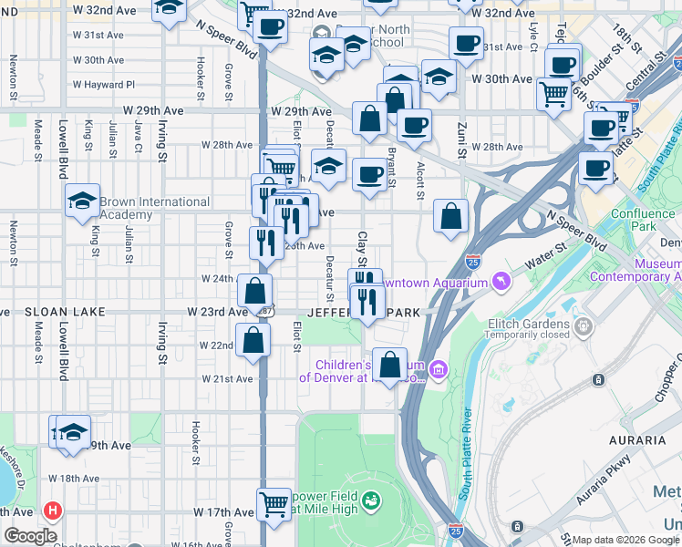 map of restaurants, bars, coffee shops, grocery stores, and more near in Denver