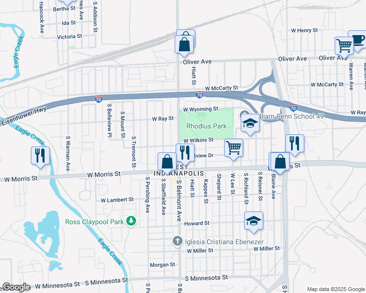 map of restaurants, bars, coffee shops, grocery stores, and more near 2015 West Wilkins Street in Indianapolis