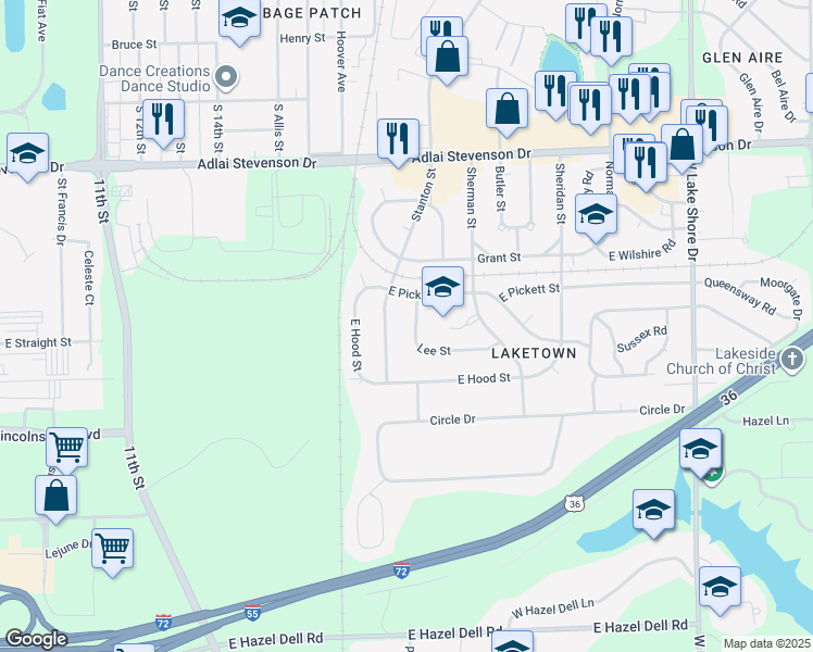 map of restaurants, bars, coffee shops, grocery stores, and more near 1800-2098 Lee St in Springfield