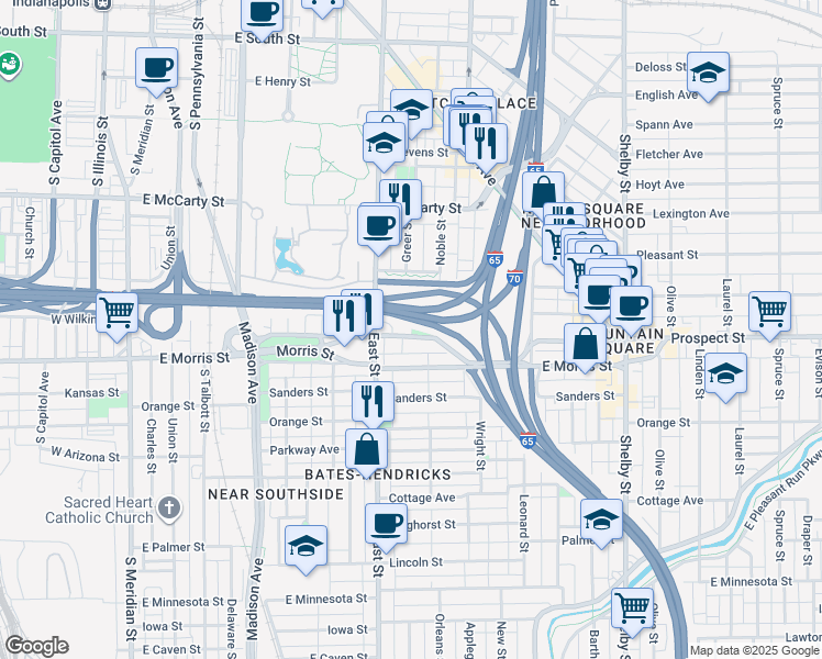 map of restaurants, bars, coffee shops, grocery stores, and more near 614 Prospect Street in Indianapolis