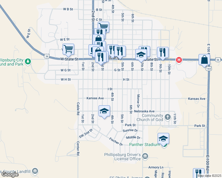 map of restaurants, bars, coffee shops, grocery stores, and more near I Street in Phillipsburg