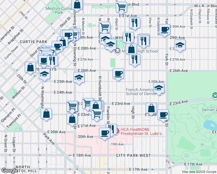 map of restaurants, bars, coffee shops, grocery stores, and more near 1602 East 25th Avenue in Denver