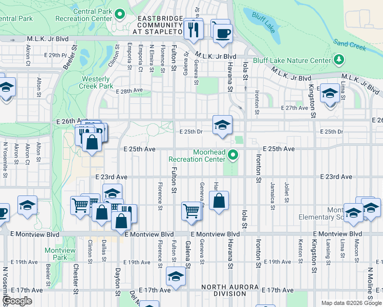 map of restaurants, bars, coffee shops, grocery stores, and more near 2520 Galena Street in Aurora