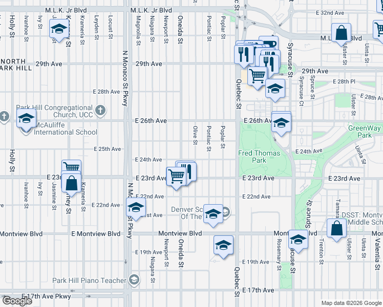 map of restaurants, bars, coffee shops, grocery stores, and more near 2435 Olive Street in Denver