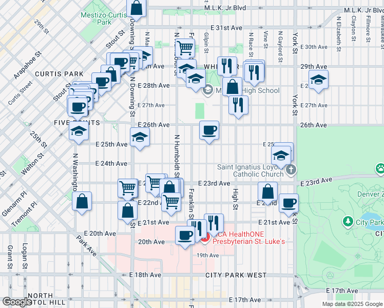 map of restaurants, bars, coffee shops, grocery stores, and more near 2449 Franklin Street in Denver