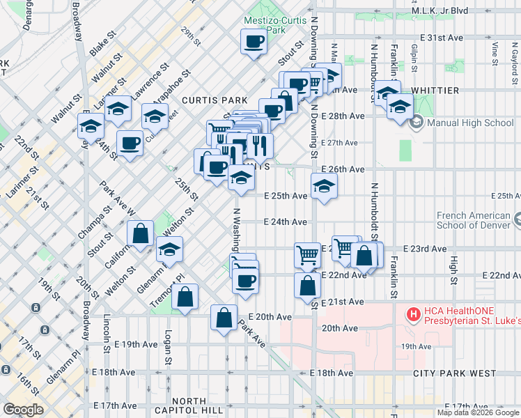map of restaurants, bars, coffee shops, grocery stores, and more near 2451 Emerson Street in Denver