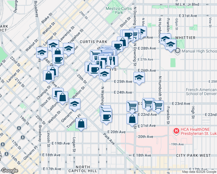 map of restaurants, bars, coffee shops, grocery stores, and more near 726 East 25th Avenue in Denver