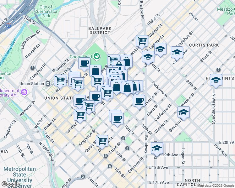 map of restaurants, bars, coffee shops, grocery stores, and more near 2041 Lawrence Street in Denver
