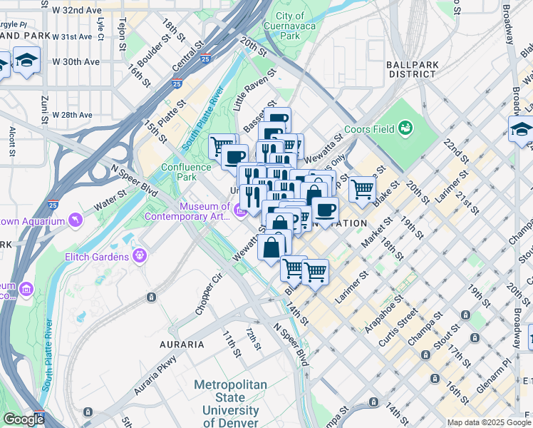 map of restaurants, bars, coffee shops, grocery stores, and more near 1900 16th Street Mall in Denver