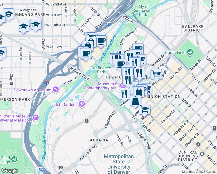 map of restaurants, bars, coffee shops, grocery stores, and more near 1450 Little Raven Street in Denver
