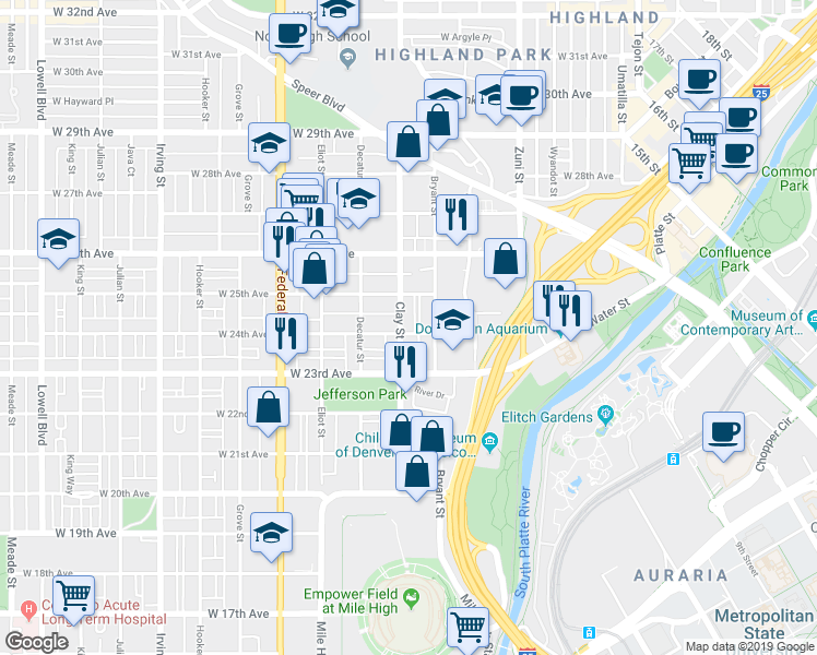 map of restaurants, bars, coffee shops, grocery stores, and more near 2425 Bryant Street in Denver