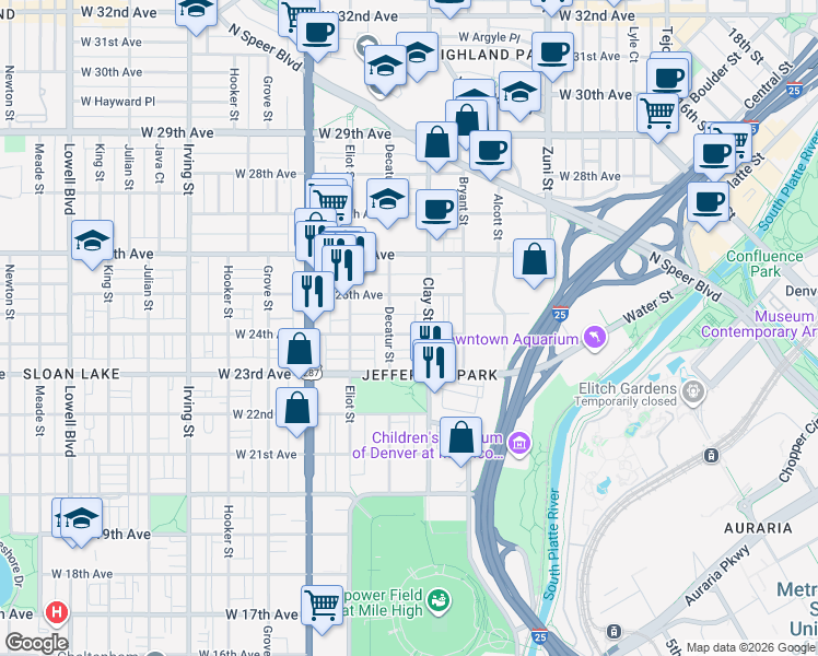 map of restaurants, bars, coffee shops, grocery stores, and more near in Denver