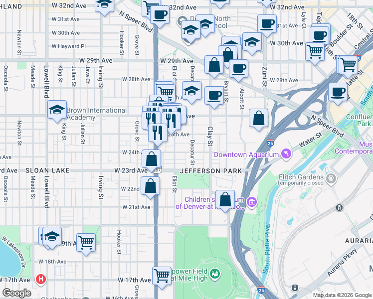 map of restaurants, bars, coffee shops, grocery stores, and more near 2810 West 25th Avenue in Denver
