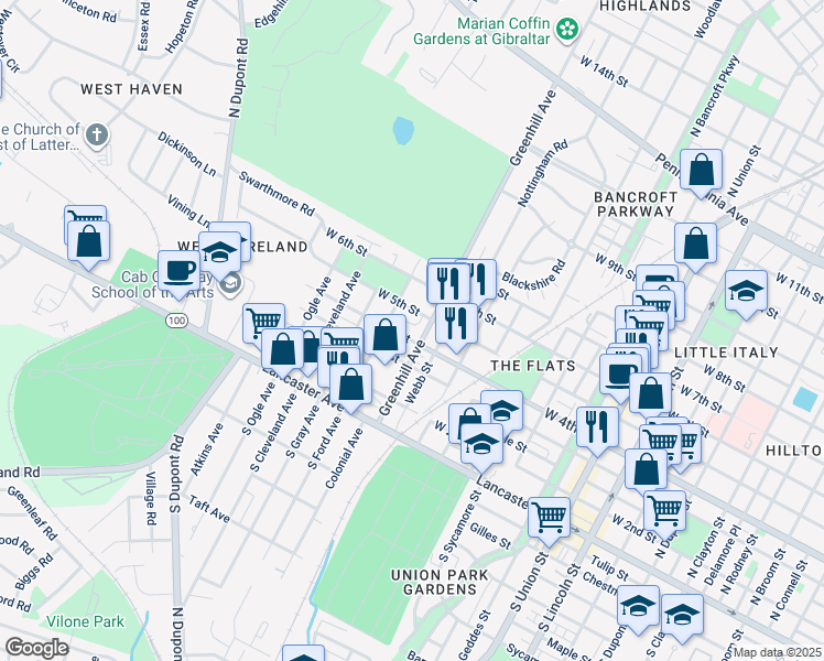 map of restaurants, bars, coffee shops, grocery stores, and more near 2708 West 5th Street in Wilmington