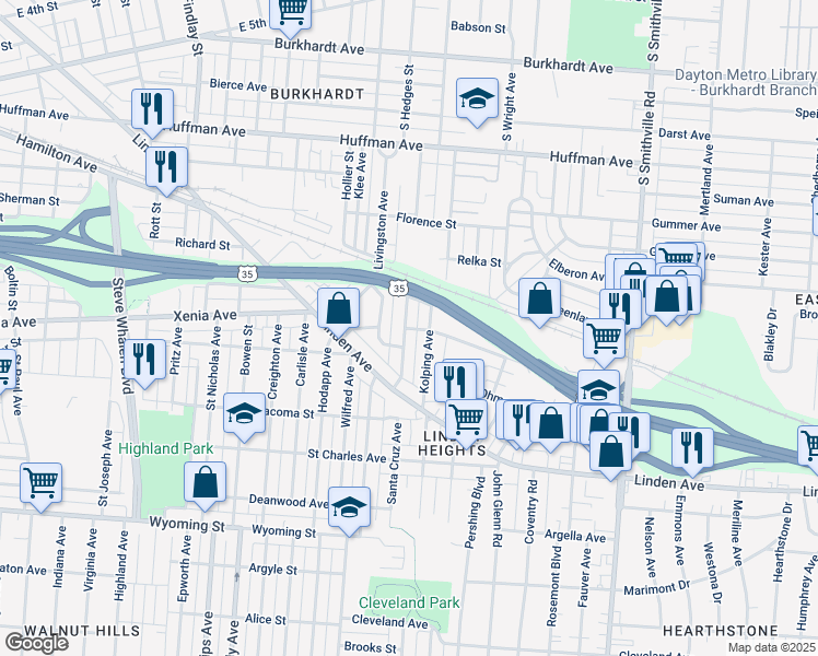 map of restaurants, bars, coffee shops, grocery stores, and more near 140 Oaklawn Avenue in Dayton