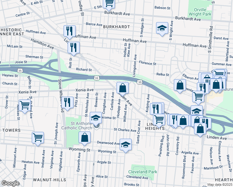 map of restaurants, bars, coffee shops, grocery stores, and more near in Dayton