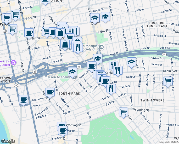 map of restaurants, bars, coffee shops, grocery stores, and more near 735 Wayne Avenue in Dayton