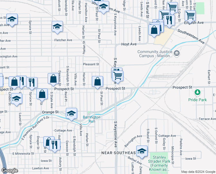 map of restaurants, bars, coffee shops, grocery stores, and more near 1042 Saint Peter Street in Indianapolis