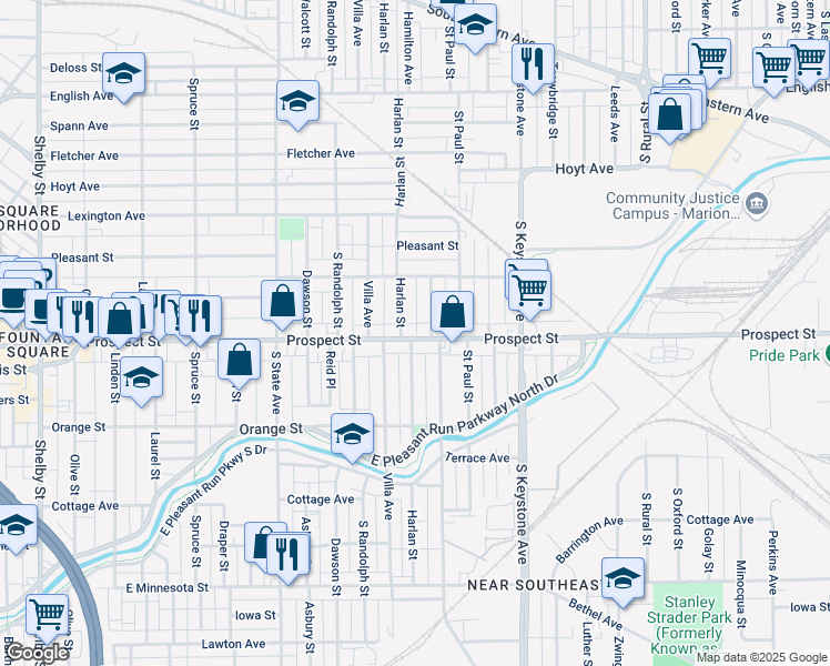 map of restaurants, bars, coffee shops, grocery stores, and more near 1053 Harlan Street in Indianapolis