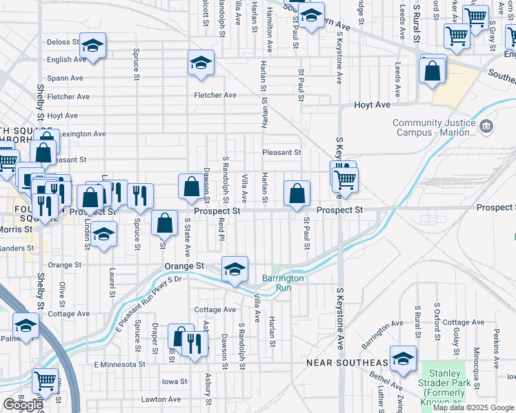 map of restaurants, bars, coffee shops, grocery stores, and more near 1049 Villa Avenue in Indianapolis
