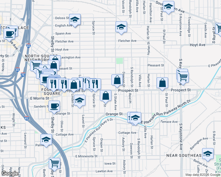 map of restaurants, bars, coffee shops, grocery stores, and more near 1619 Woodlawn Avenue in Indianapolis