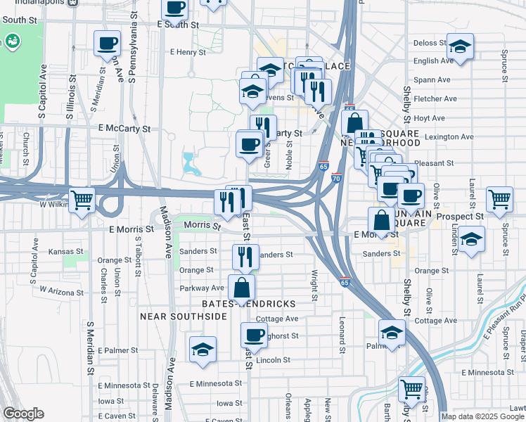 map of restaurants, bars, coffee shops, grocery stores, and more near 614 Prospect Street in Indianapolis