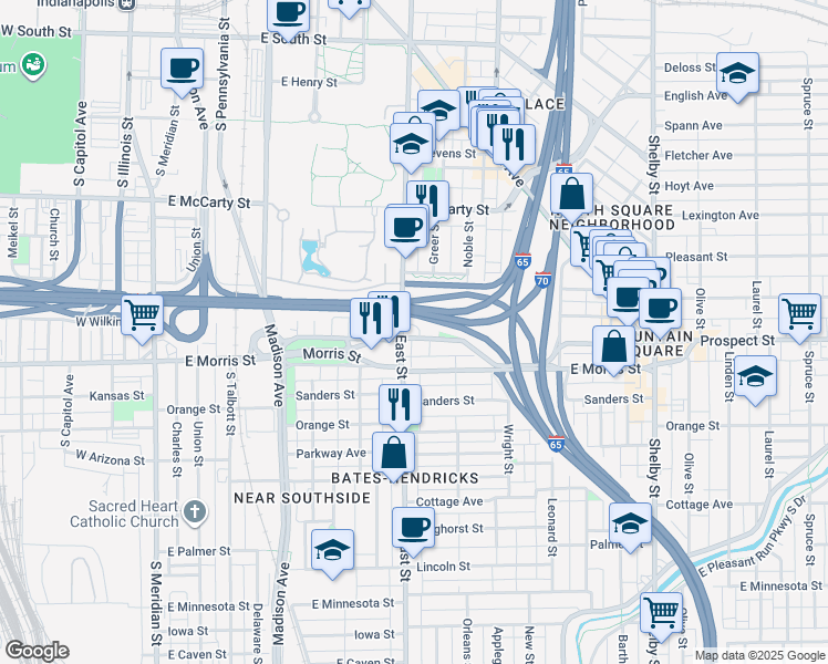 map of restaurants, bars, coffee shops, grocery stores, and more near 975 South East Street in Indianapolis