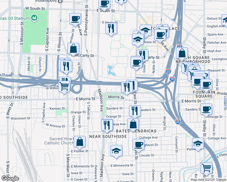 map of restaurants, bars, coffee shops, grocery stores, and more near 1042 High Street in Indianapolis