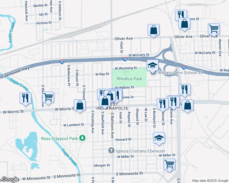 map of restaurants, bars, coffee shops, grocery stores, and more near 2015 West Wilkins Street in Indianapolis