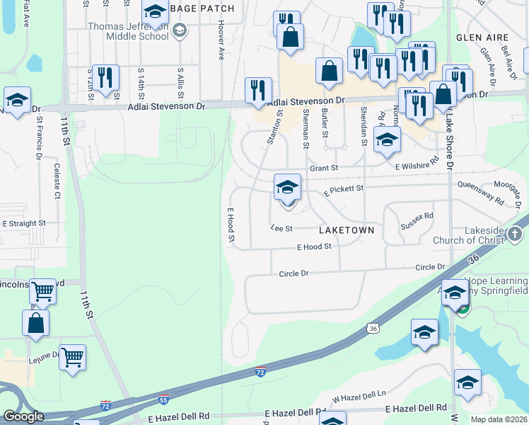 map of restaurants, bars, coffee shops, grocery stores, and more near 1800-2098 Lee St in Springfield