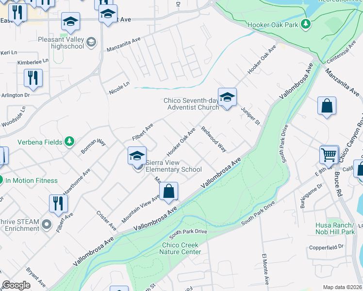 map of restaurants, bars, coffee shops, grocery stores, and more near 1685 Hooker Oak Avenue in Chico
