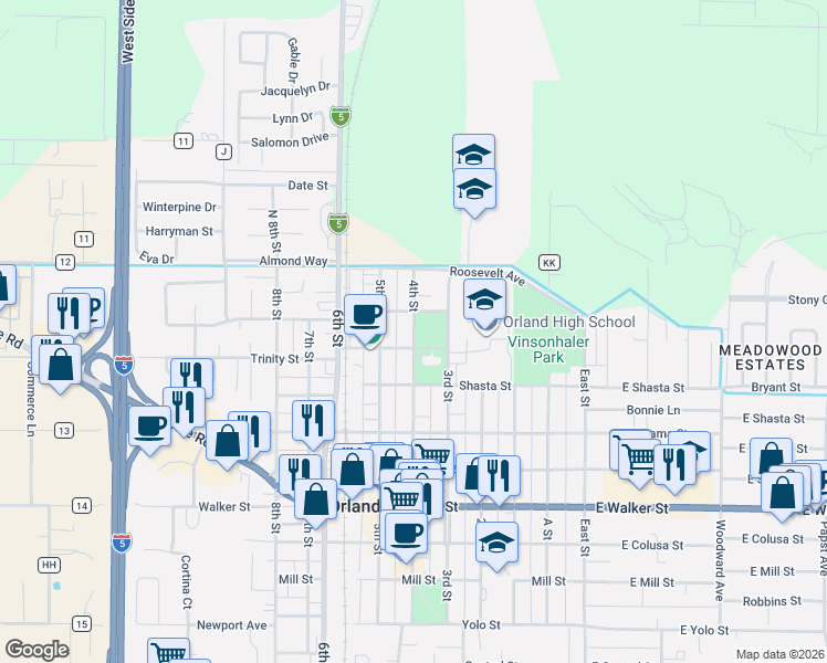 map of restaurants, bars, coffee shops, grocery stores, and more near 204 4th Street in Orland
