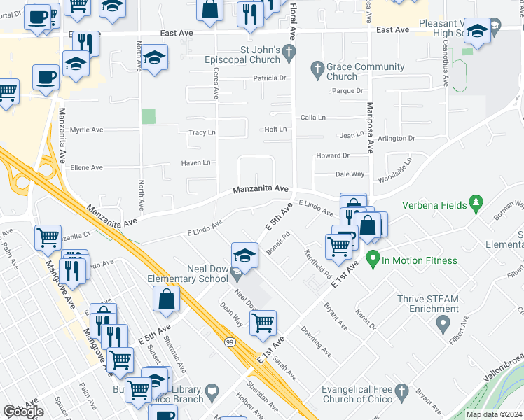 map of restaurants, bars, coffee shops, grocery stores, and more near 1265 East Lindo Avenue in Chico
