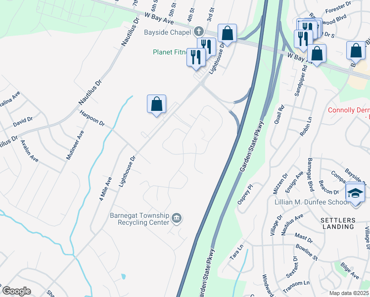 map of restaurants, bars, coffee shops, grocery stores, and more near 113 Edenton Drive in Barnegat Township