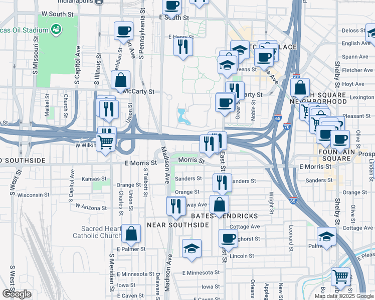 map of restaurants, bars, coffee shops, grocery stores, and more near 1042 High Street in Indianapolis