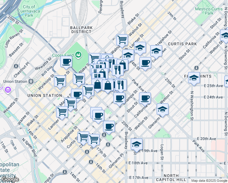 map of restaurants, bars, coffee shops, grocery stores, and more near 2101 Arapahoe Street in Denver