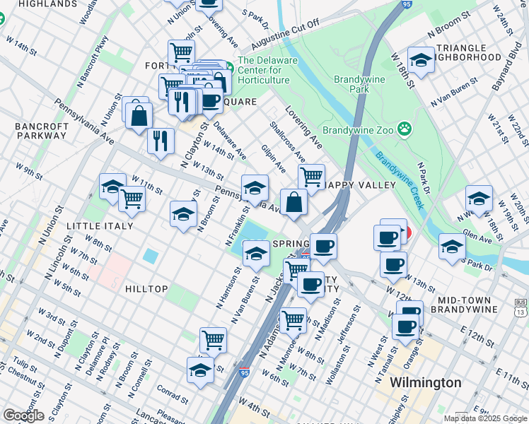 map of restaurants, bars, coffee shops, grocery stores, and more near 1106 Pennsylvania Avenue in Wilmington