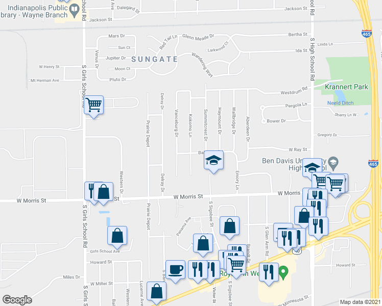 map of restaurants, bars, coffee shops, grocery stores, and more near Kokomo Ln in Indianapolis